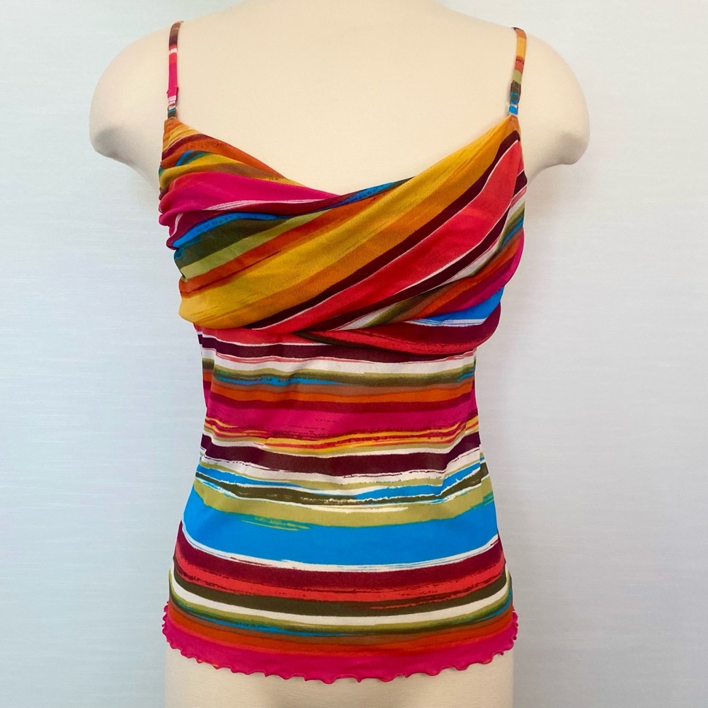 Y2K Moda International Micro Mesh Stretch Red Orange Stripe Camisole Tank Top M